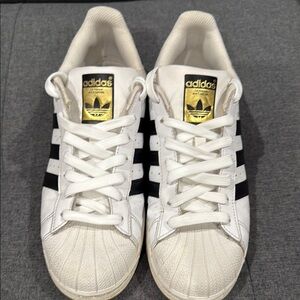 Adidas Superstar White and Black Shoes with Gold Detail